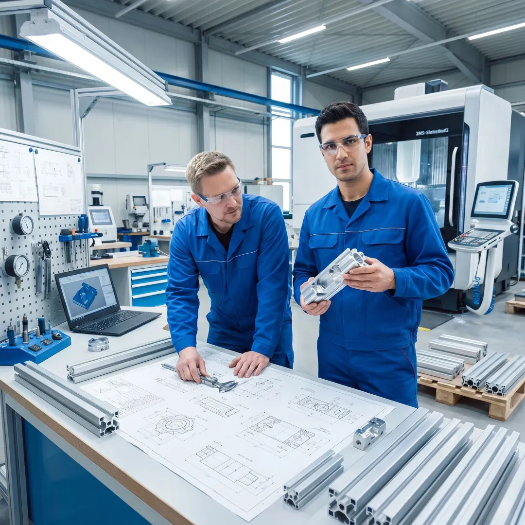 Engineers reviewing aluminum extrusion components