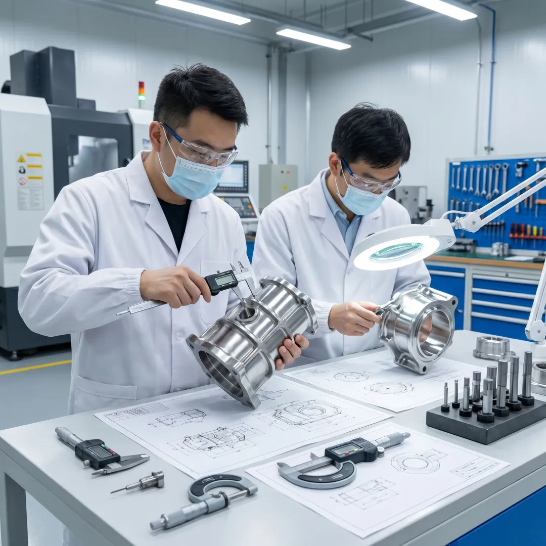 Engineers reviewing stainless steel casting components