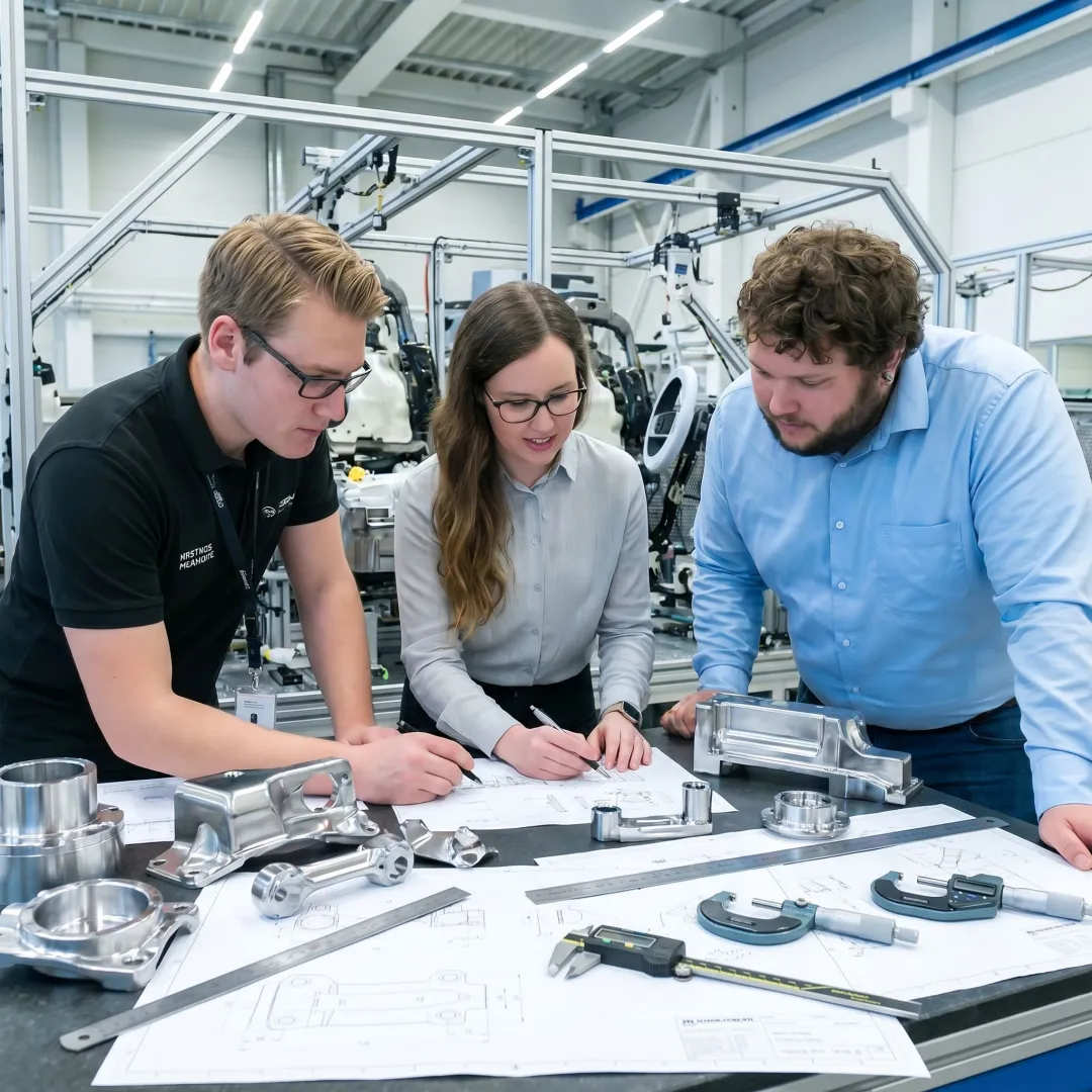 Engineers reviewing fabricated components