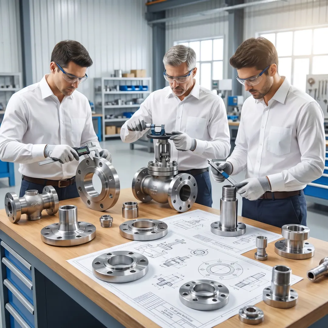 Engineers reviewing fabricated metal parts