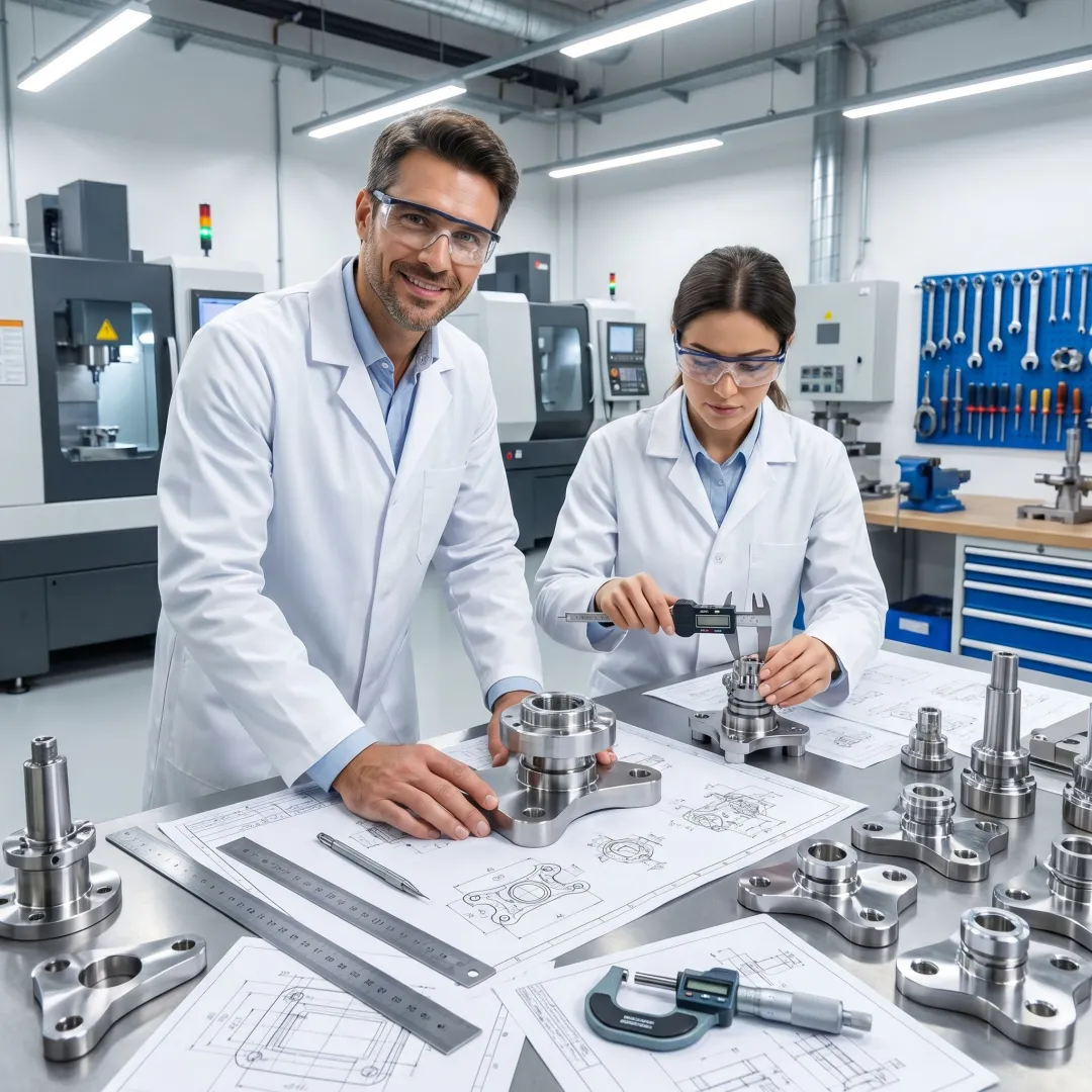 Engineers reviewing stainless steel fabricated parts