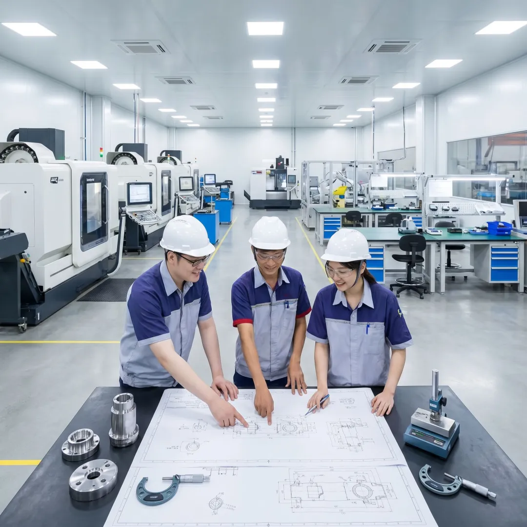 Engineers reviewing precision component production process