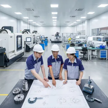 Engineers reviewing precision component production process