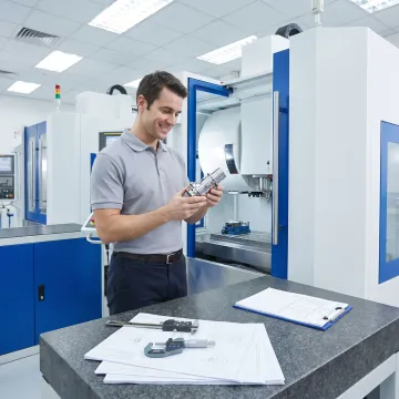 Engineer reviewing machined metal parts