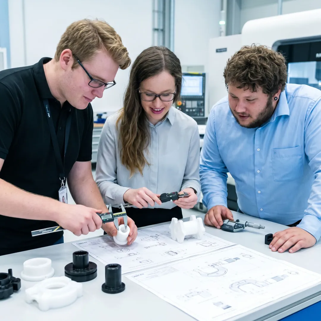 Engineers reviewing machined plastic parts