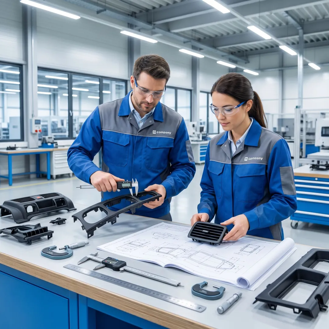 Engineers reviewing molded automotive plastic parts