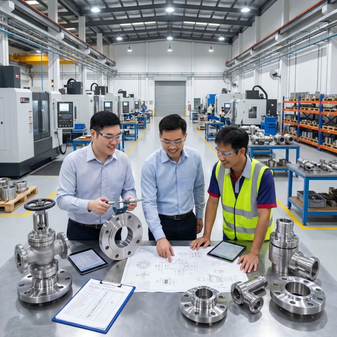 Engineers reviewing machined oil and gas parts