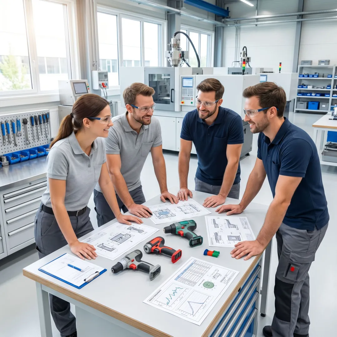 Engineers reviewing molded part production process