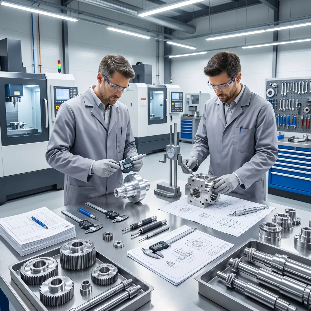 Engineers reviewing precision machined components