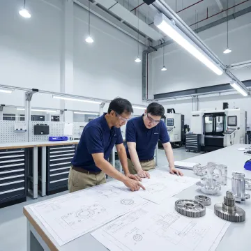 Engineers reviewing machined part specifications