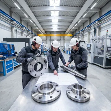 Engineers reviewing forged industrial components
