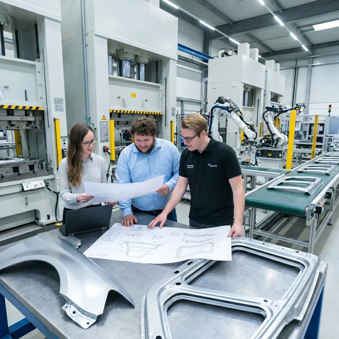 Engineers reviewing stamped automotive components
