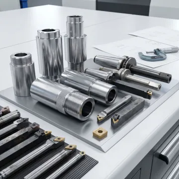 Machined metal components beside CNC lathe tooling