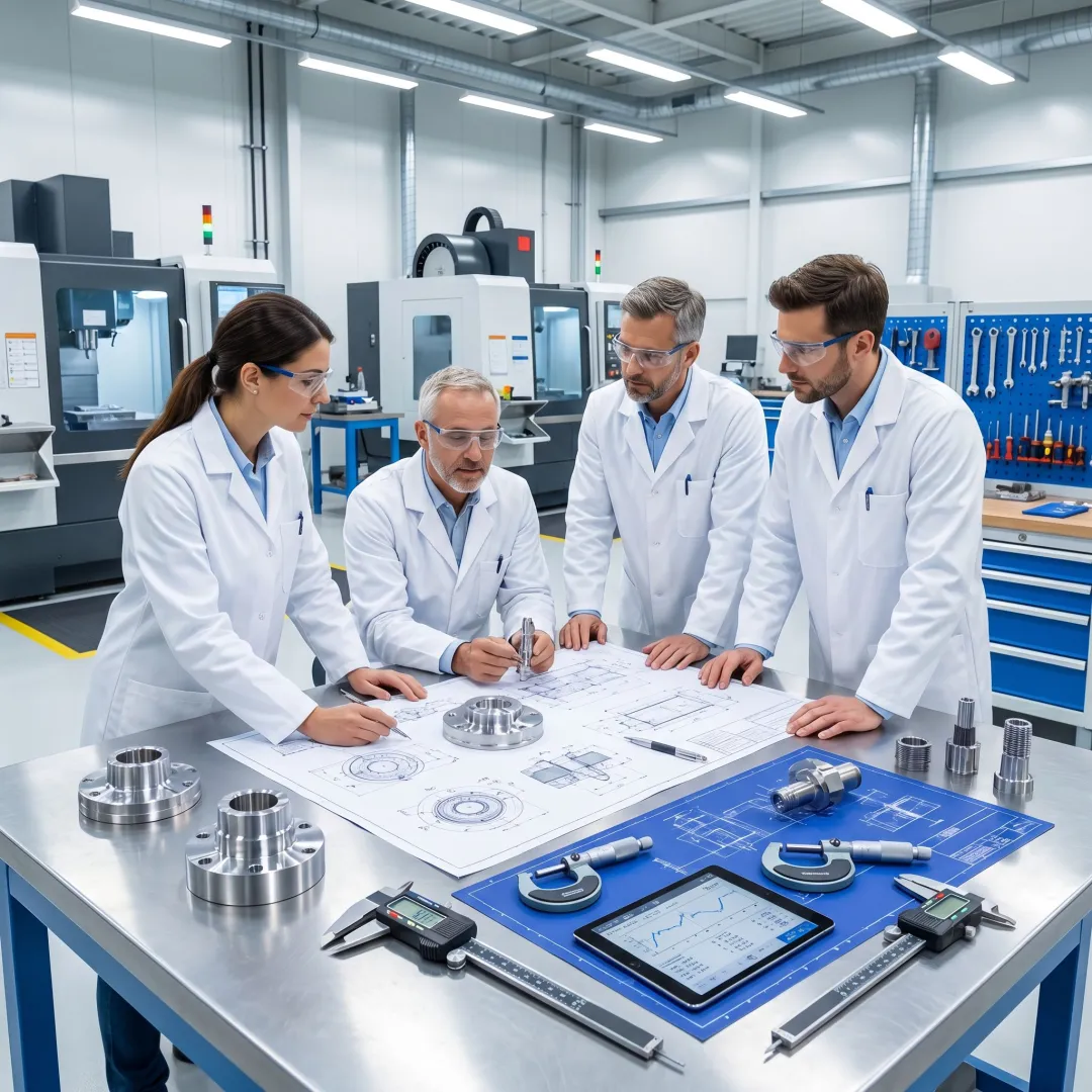 Engineers reviewing machined prototype parts