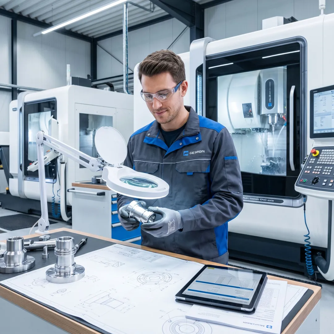 Engineer reviewing machined parts and inspection data