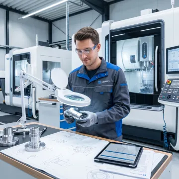 Engineer reviewing machined parts and inspection data