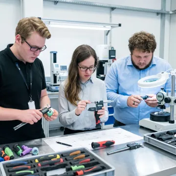 Engineers inspecting overmolded parts