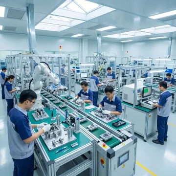 Manufacturing team assembling integrated components