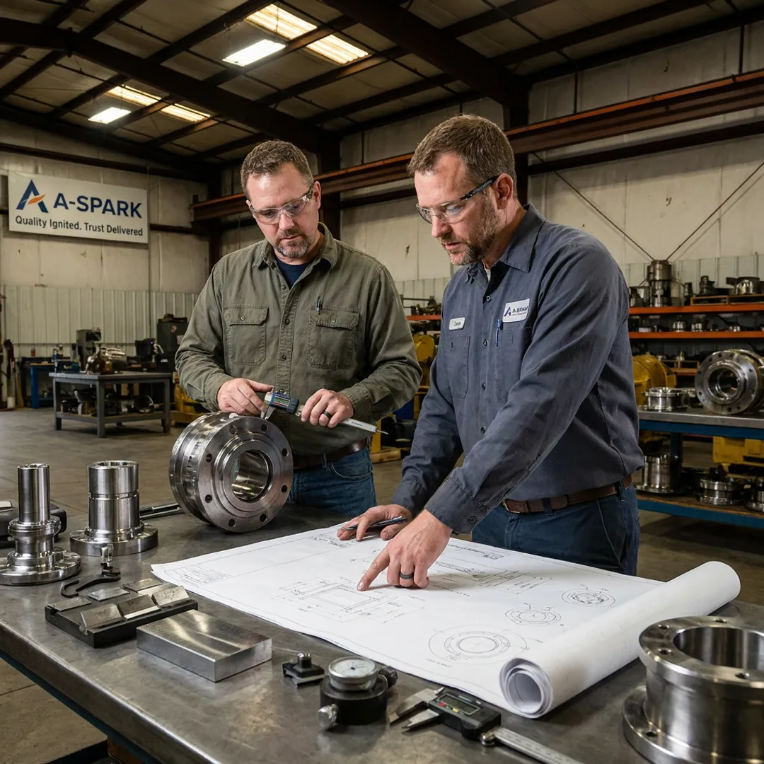 Engineers inspecting fabricated heavy equipment parts