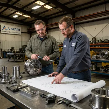 Engineers inspecting fabricated heavy equipment parts