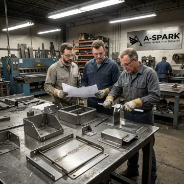 Engineers inspecting welded sheet metal parts