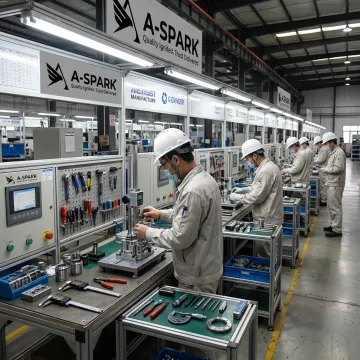 Technicians assembling industrial components
