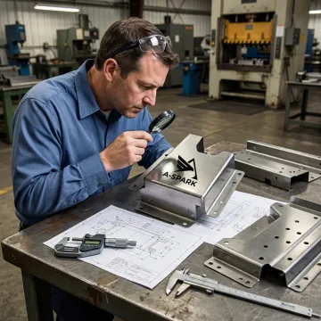 Engineer inspecting formed sheet metal parts