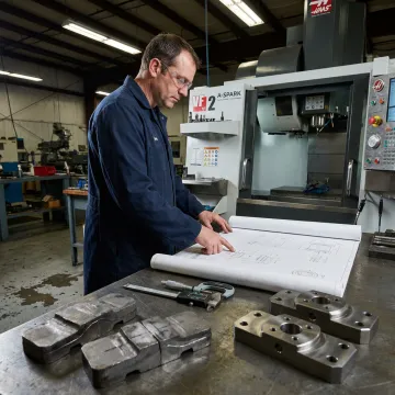 Engineer reviewing CNC machined parts and drawings