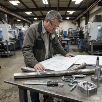 Engineer reviewing fabrication drawings and welded parts