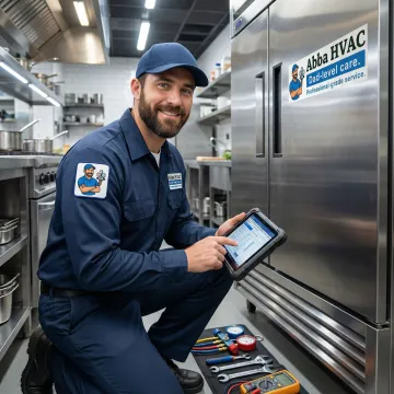 Commercial refrigeration technician performing diagnostic check on restaurant equipment