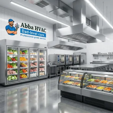 Commercial kitchen with professional refrigeration equipment and stainless steel appliances