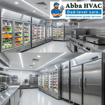 Commercial kitchen with repaired walk-in refrigeration units operating efficiently