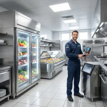 Commercial kitchen with multiple refrigeration units being serviced by professional technician