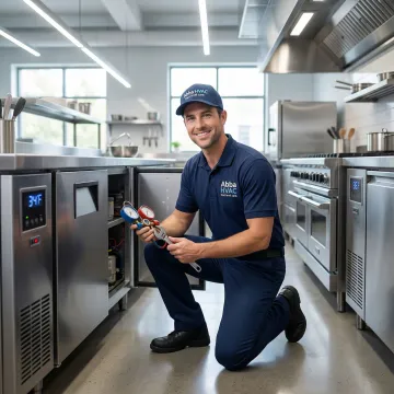 Commercial kitchen with professional refrigeration equipment being serviced