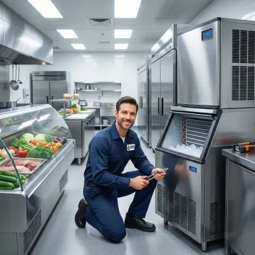 Commercial kitchen with multiple refrigeration units being serviced by technician
