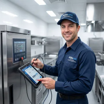 Commercial refrigeration technician diagnosing freezer unit with digital tools