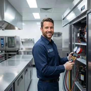 Technician repairing commercial refrigeration system in restaurant
