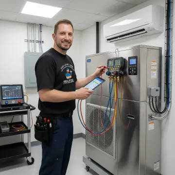 Commercial HVAC repair technician using diagnostic equipment on business system