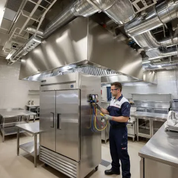 Technician performing maintenance on commercial refrigeration system in Tarrytown business