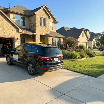 HVAC emergency service truck arriving at Bee Cave home