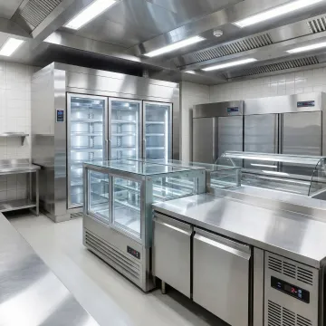 Commercial kitchen with multiple refrigeration units and professional equipment