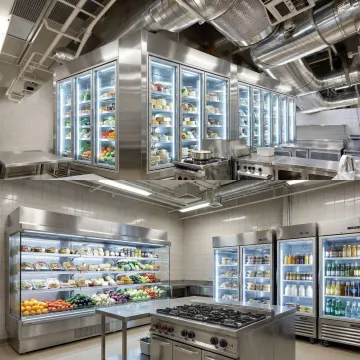 Multiple commercial refrigeration units in busy restaurant kitchen environment