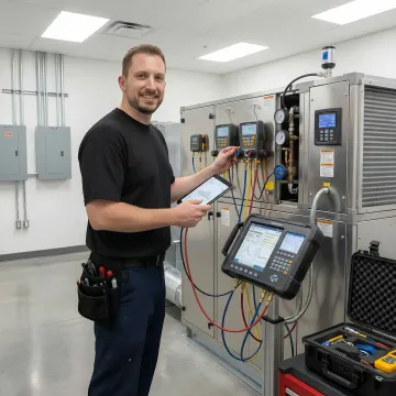 Commercial HVAC repair technician diagnosing system in modern office building