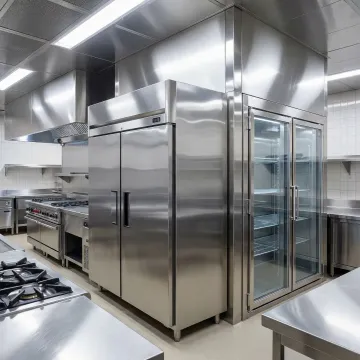 Commercial kitchen with walk-in cooler and refrigeration equipment
