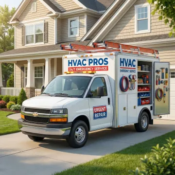 Emergency HVAC service truck arriving at residential home for urgent repair