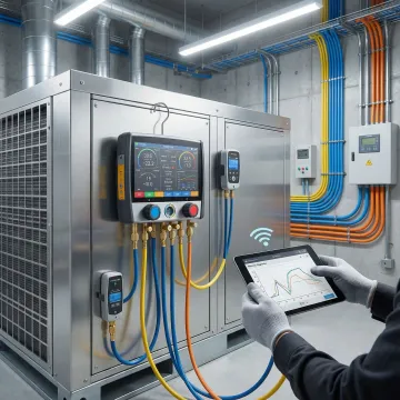 Commercial HVAC diagnostic equipment being used on commercial cooling system
