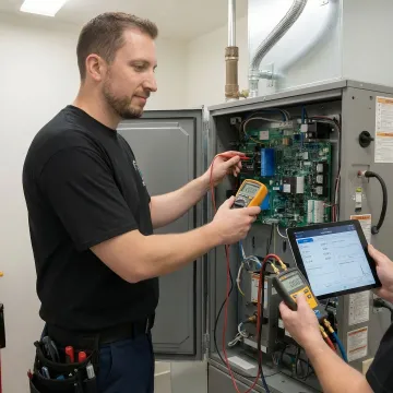 HVAC technician performing emergency diagnostic on residential heating system