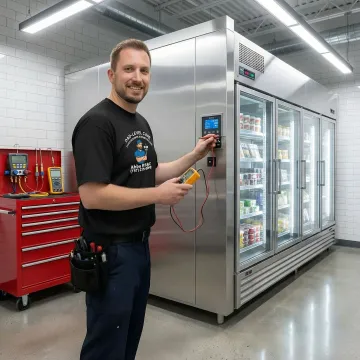 Commercial refrigeration system being serviced by professional technician