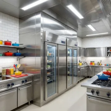 Modern commercial kitchen with stainless steel walk-in refrigerator and freezer units