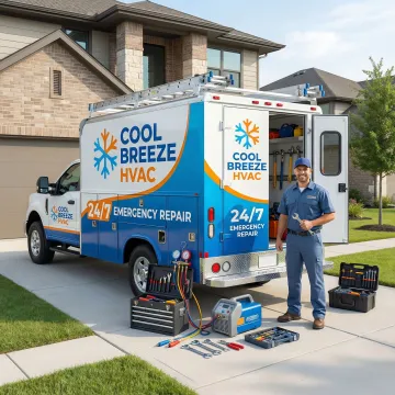 Emergency HVAC repair truck arriving at Shady Hollow residence for urgent heating cooling system service